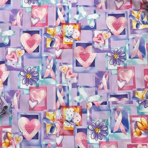 WOMENS SCRUBS JACKET Breast Cancer Scrubs Pink Ribbons Hearts Butterflies SIZE S - Picture 2 of 8